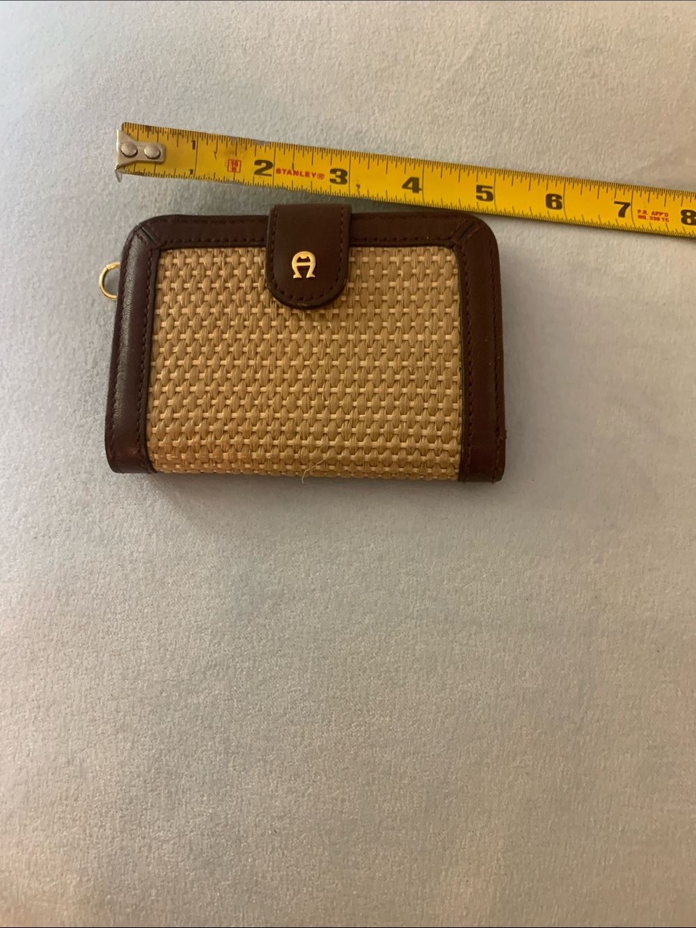 Etienne Aigner Tan Woven Card Holder with Brown Trim and Gold Hardware